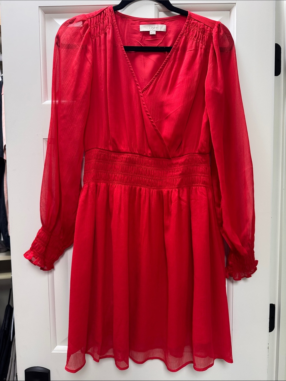 LOFT Bright Red Long-Sleeve Surplice Smocked Waist Dress